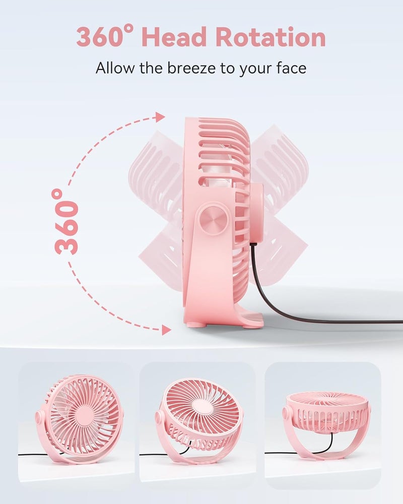 Edvision USB Desk Fan, 5 Inch Mini Portable, 3 Speeds Strong Airflow Personal Desktop, Detachable Cooling Fan 360° Rotation Quiet Small Fan for Desk Home Office Travel Car, Pink, 5ft Cable - Image 3